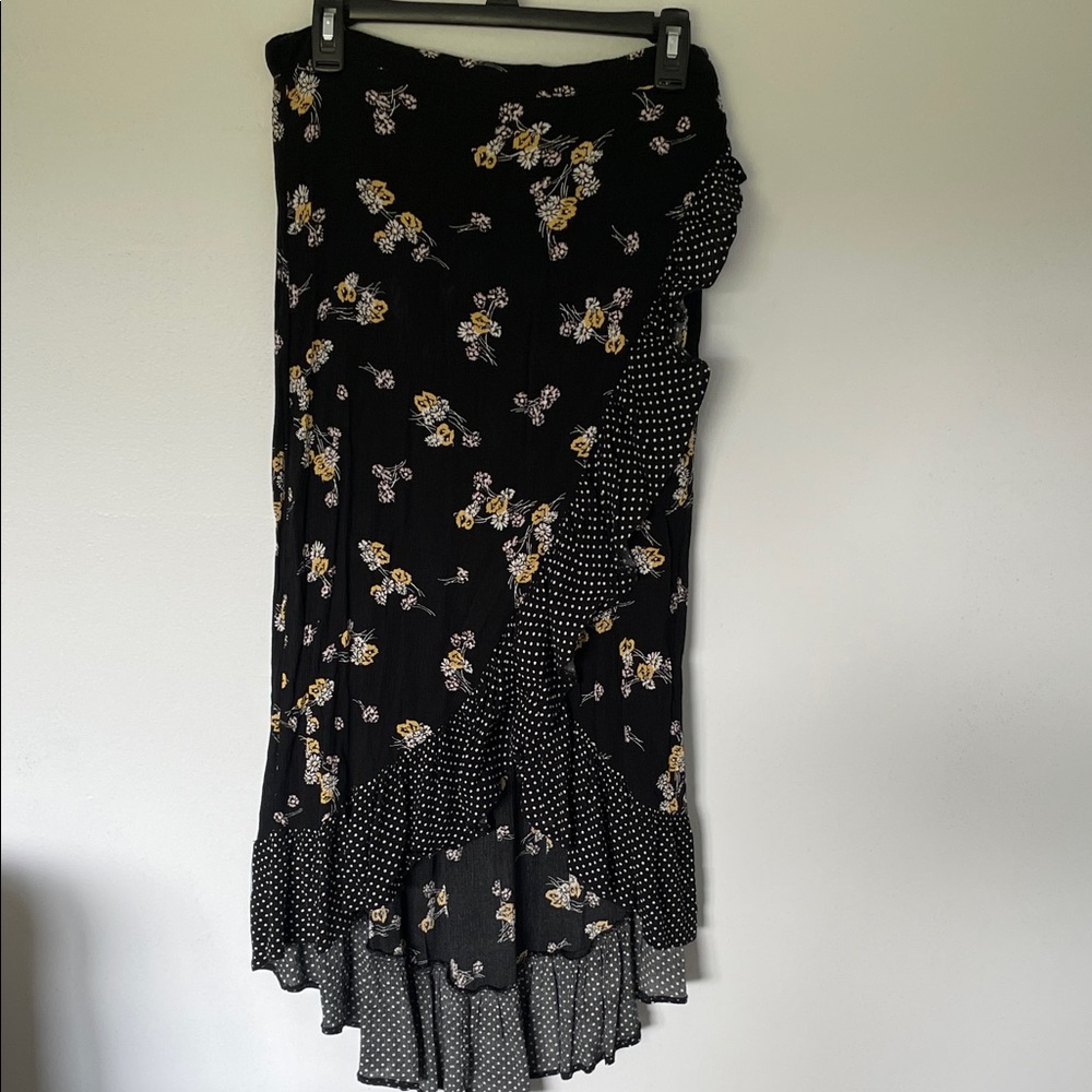 Maurices Black Floral Midi Skirt with Polka Dots